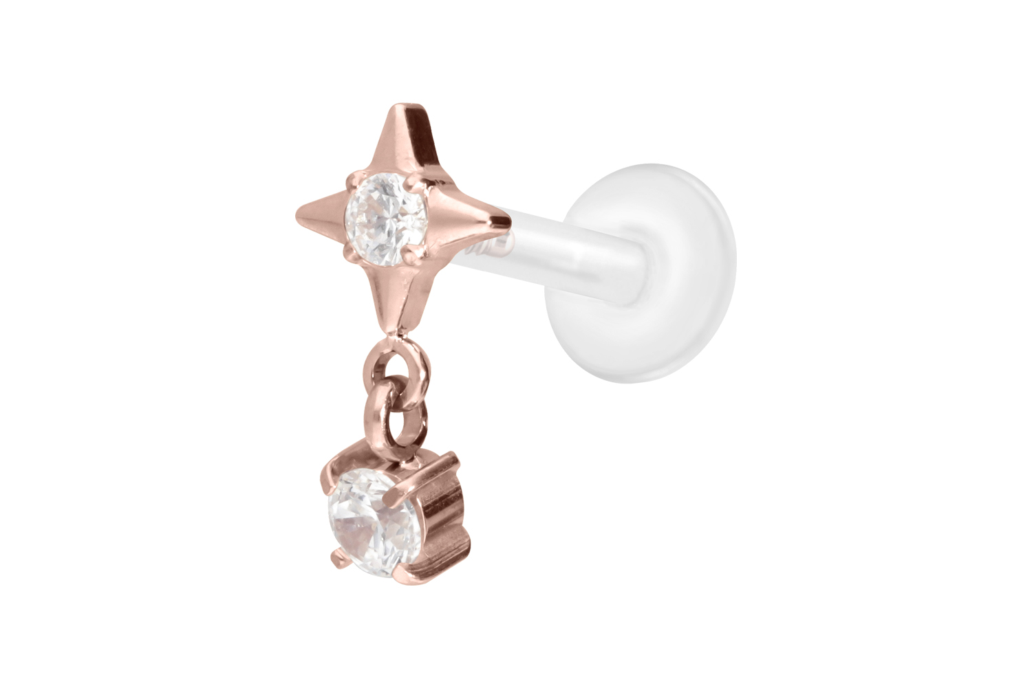 PTFE Labret Piercing mit Innengewinde + Titan-Aufsatz STERN + KRISTALL